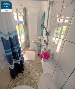 y baño con ducha, aseo y lavamanos. en Gîtes Les Bienheureux - Piscine, Hamak, Terrasse, en Anse-Bertrand