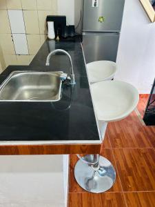 Mini departamento في بوكالبا: مطبخ مع حوض و كونتر توب