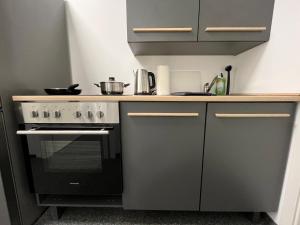 a kitchen with a stove and a counter top at Simplex Apartments Am Schwabentorring in Freiburg im Breisgau