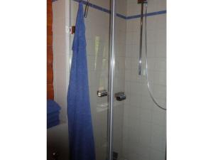 y baño con ducha con cortina azul. en Holiday home in Einberger Switzerland, en Rödental