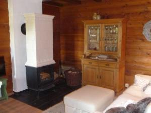 a living room with a fireplace and a stove at Holiday home in Einberger Switzerland in Rödental