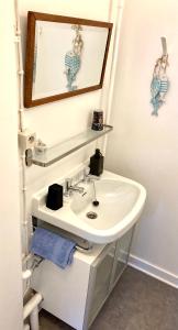 een badkamer met een wastafel en een spiegel bij Authentieke loft herenhuis in Oostende