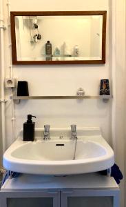 un lavandino bianco in un bagno con specchio di Authentieke loft herenhuis a Ostenda