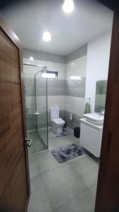 a bathroom with a shower and a toilet and a sink at Villa Sakura in Poste Lafayette