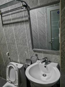 a bathroom with a sink and a toilet and a mirror at Asia Novo Boutique Hotel - Midsayap in Midsayap