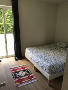 a bedroom with a bed and a window and a rug at Charmant duplex aux portes de Paris in Bagneux