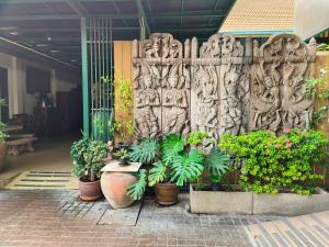 a bunch of plants in pots next to a wall at Tanwa Suite - MRT Ratchadapisek in Bangkok