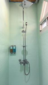 五結鄉的住宿－彩虹灣Rainbow Bay B&B，浴室铺有绿色瓷砖,设有淋浴。
