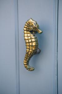 una puerta de bronce de caballito de mar en una puerta en Summer Villa Zefiros, close to Kaiki beach, en Spetses