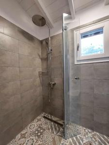 a shower with a glass door in a bathroom at House Kokkalas on the beach in Pyrgadikia