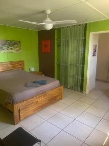una camera con letto e parete verde di Les Hibiscus a Saint-Philippe