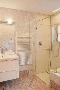 uma casa de banho com um chuveiro e um lavatório. em Apartment Pyrus em Tirolo