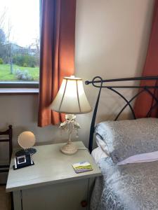 a lamp on a table next to a bed at Myrtleberry Studio in Castlemorton