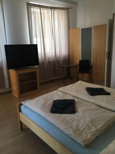 a bedroom with a bed and a flat screen tv at Penzion nad Bankou in Košice