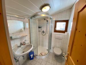 a bathroom with a shower and a sink and a toilet at Apartment Seespitz in Längenfeld