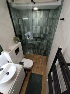 A bathroom at Callisto studio