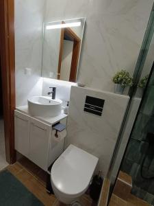 Łazienka z białą toaletą i umywalką w obiekcie Callisto studio w Salonikach