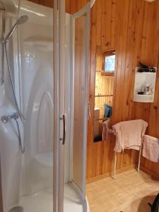 a shower with a glass door in a bathroom at La Pause Aigoual in Valleraugue