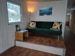 a green couch in the corner of a room at Hausboot Insel Valentinswerder Berlin in Berlin