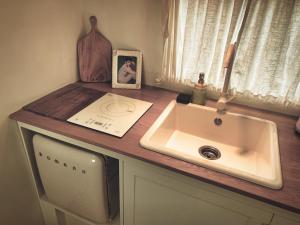 a kitchen counter with a sink and a picture on it at BeachBoys - Retro Caravan AirStream in Jeju