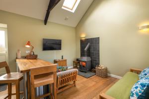 a living room with a wood burning stove in it at Tranquil 1 bedroom cottage 15 mins drive to sea in Mydroilin