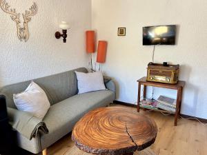 a living room with a couch and a table at Urige Berghütte mit Kamin und Sauna im Erzgebirge nahe Schwarzwassertal in Pobershau