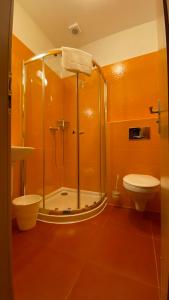 y baño con ducha y aseo. en Hotel U Milína, en Milín