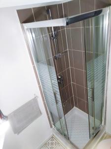 W łazience znajduje się prysznic ze szklanymi drzwiami. w obiekcie Studio Plages Vélodrome by Villa Reiala w Marsylii