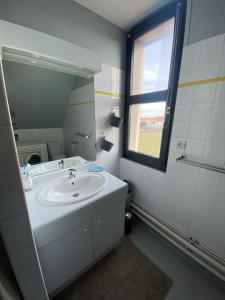 La salle de bains est pourvue d'un lavabo, d'une fenêtre et d'un miroir. dans l'établissement Appartement à la Naturelle, à Wimereux