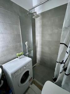 a bathroom with a washing machine in a shower at Foleza Studio Apartament-Shengjin in Margjonaj +31 photos