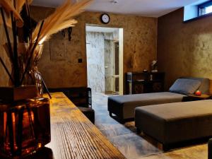 Residence Barrique Valtice في فالتيس: غرفة معيشة بها سريرين وأريكة