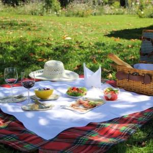 a picnic table with food and glasses of wine at Landhaus Ettenbühl Bed and Breakfast in Bad Bellingen