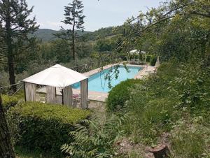 ein Pool mit einem weißen Zelt daneben in der Unterkunft Casa il Cipresso, in the heart of Chianti with swimming pool in Castellina in Chianti