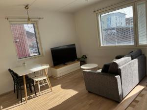 een woonkamer met een bank en een tv bij Riverside cozy flat in Porvoo in Porvoo