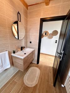 ein Bad mit einem Waschbecken und einem Spiegel in der Unterkunft Cabana Ana Barsana in Bîrsana