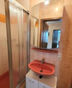 y baño con lavabo rojo y ducha. en Haus Berger en Seebach