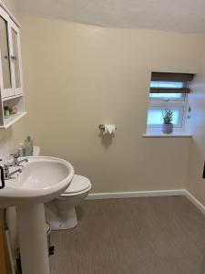 a bathroom with a sink and a toilet and a window at Above The Pub in Alvechurch