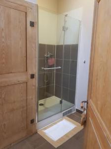 y baño con ducha y puerta de cristal. en Le gîte Joyeuse triplette Limoux Carcassonne, en Limoux
