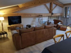 sala de estar con sofá y TV de pantalla plana en Le gîte Joyeuse triplette Limoux Carcassonne, en Limoux