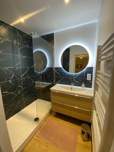 y baño con lavabo y espejo. en Charmant T3 à côté des Thermes en Luxeuil-les-Bains
