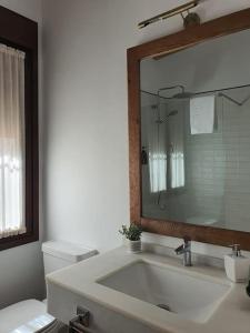 een badkamer met een wastafel, een spiegel en een toilet bij CASA RURAL MONTE DE AJUDA in Olivenza