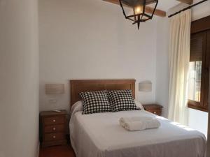 een slaapkamer met een bed met een kussen en een raam bij CASA RURAL MONTE DE AJUDA in Olivenza