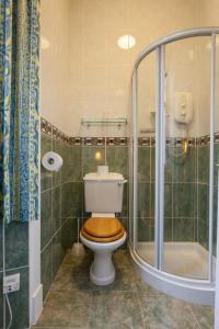 a bathroom with a toilet with a wooden seat at The Cedars Guest House in Dunoon
