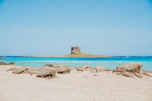 a beach with a lighthouse on an island in the water at Residence Hotel La Pelosetta in Stintino