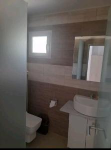 a bathroom with a sink and a toilet and a mirror at Elvi Apartment 4 in Rakhónion