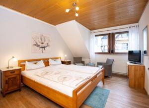 a bedroom with a large bed and a tv at Ferien Weingut Pauly in Mesenich