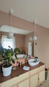 een badkamer met een wastafel en een spiegel bij Villa Brunelle, Vue bords de Rance in Le Minihic-sur-Rance