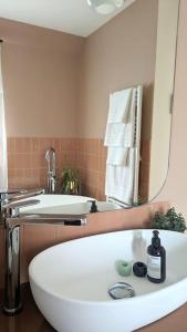 a bathroom with a white sink and a mirror at Villa Brunelle, Vue bords de Rance in Le Minihic-sur-Rance