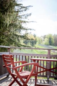 een rode stoel op een terras met een tafel bij Weingut spitzyPeitler in Leutschach