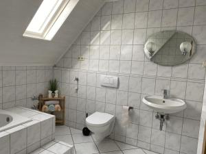 W łazience znajduje się toaleta, umywalka i lustro. w obiekcie Ferienwohnung Rosch w mieście Konz